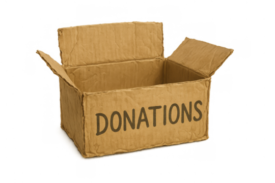 Empty cardboard donations box, collecting goods for charity, humanitarian aid, community help, financial support, transparent background