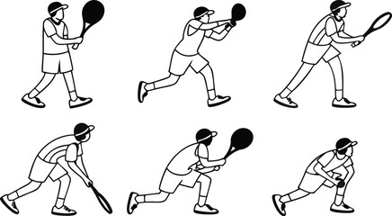 Dynamic tennis player poses capturing athletic motion and competitive spirit in clean line art style