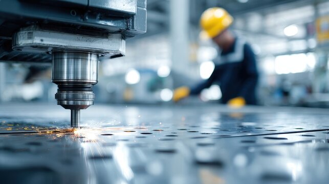 Close-up of a CNC machine tool cutting metal with sparks in a factory.