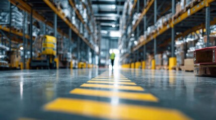 Dashed yellow line on warehouse floor leading towards a distant worker.