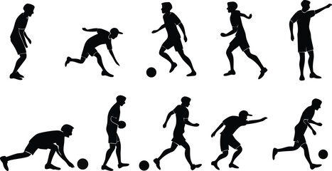 Dynamic soccer player silhouettes showcasing diverse action poses, perfect for sports graphics and modern designs