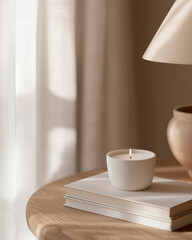 Minimalist ceramic tableware on a wooden table in a cozy living room with natural light streaming in through curtained windows.