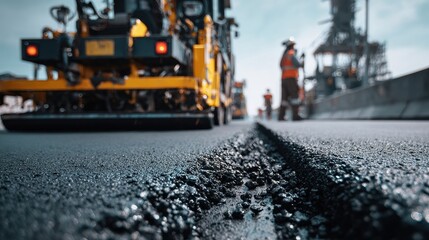 Close-up of Fresh Asphalt Paving on Road Construction Site