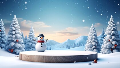 Obraz premium Winter scene with snowman on podium surrounded by snowy pines and hills, under a sky of falling snowflakes