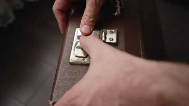 Person opening and closing a vintage briefcase metal latch
