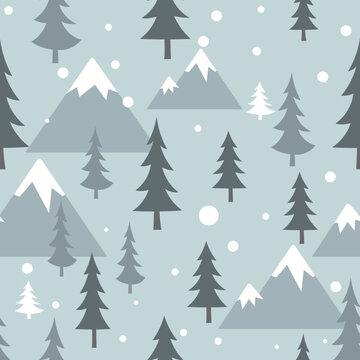 Minimal flat winter pattern featuring pine trees, falling snow dots, and mountain silhouettes in soft gray and blue tones, perfect for winter landscapes and holiday themes.