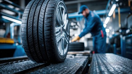 Professional mechanic balancing a car tire in a modern service garage