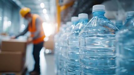 Row of clear plastic water bottles with a worker in a warehouse.