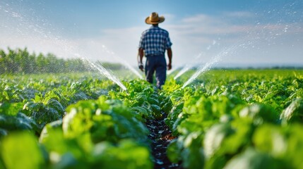 Farmer walking through a lush green field with modern irrigation system.