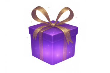 On a clear background, a purple present box adorned with a glittering gold bow shines gently, representing festivities and unexpected delights