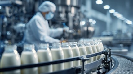 Dairy factory worker supervising milk bottles on a busy production line.