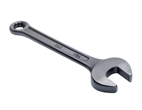 A Metallic Combination Wrench With Both Open Ended and Box End Grips On A Transparent Background With Subtle Texture Details