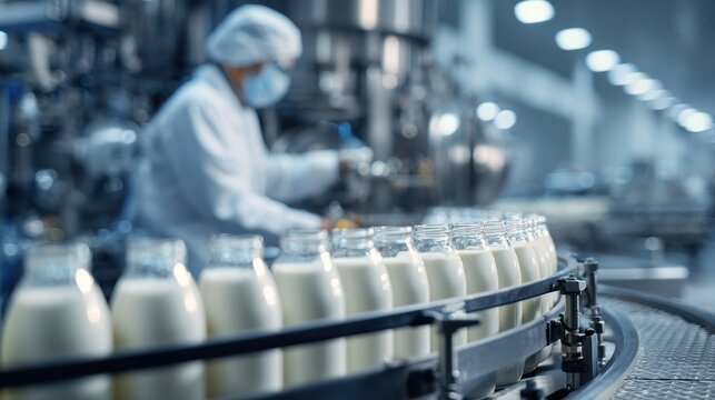 Dairy factory worker supervising milk bottles on a busy production line.