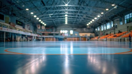 Fototapeta premium Indoor sports hall with smooth wooden floor and bright lighting, ready for various athletic events in a spacious venue
