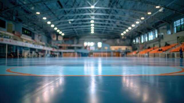 Indoor sports hall with smooth wooden floor and bright lighting, ready for various athletic events in a spacious venue