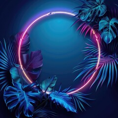 Elegant tropical circle-shaped frame made of exotic emerald leaves and neon lighting. Stylish fashion banner. Plants are illuminated with purple, orange, and pink fluorescent light.