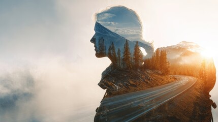 Double Exposure of Woman Hiker and Scenic Mountain Road