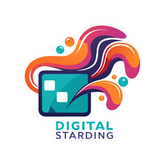 Vibrant digital startup logo with abstract swirls and dice