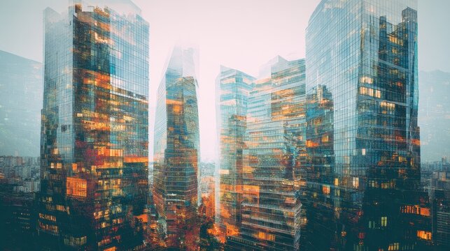 Vibrant multiple exposure cityscape with modern glass skyscrapers and warm lighting - Powered by Adobe