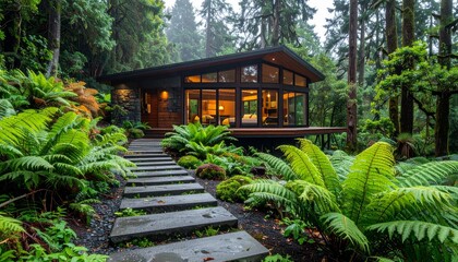 Traditional wooden Japanese architecture with a gazebo roof in a peaceful tropical garden or park landscape featuring water and trees