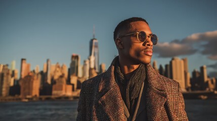 Stylish man poses against a sunset skyline in New York City, reflecting confidence and urban fashion during a vibrant evening