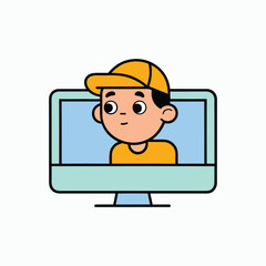 Boy cartoon character on computer screen vector illustration
