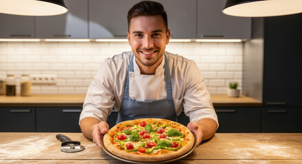 Happy young chef presents delicious homemade pizza in a bright modern kitchen with wooden counter