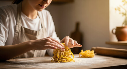 Person hands making fresh pasta noodles on a wooden kitchen table during a bright sunny day