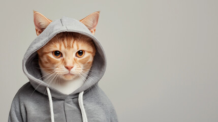 Orange cat wearing gray hoodie against neutral background, humorous portrait with clean composition and cozy casual tone.

