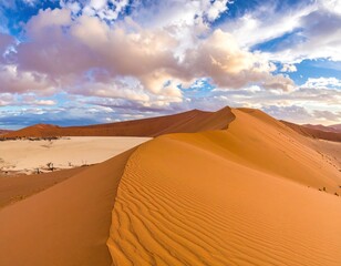 Desert dunes stretch under dramatic clouds, arid landscape