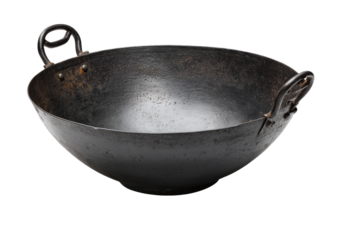 Aged, dark-gray wok with handles