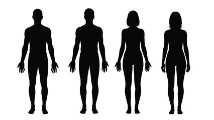 Human Body Silhouette Set. Full-Length Front View of Standing Male and Female Figures. Vector Illustration