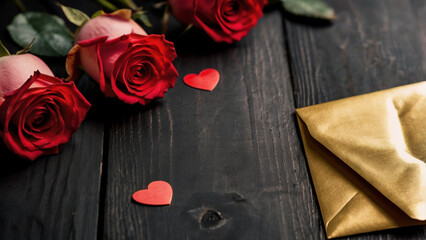 Romantic roses and a golden envelope on a dark wooden surface create a captivating scene, perfect for expressing love and affection, ideal for valentines day or a heartfelt message