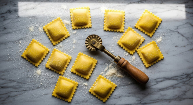 Fresh homemade ravioli pasta squares with a pasta cutter on a white marble kitchen counter. Home Italian food