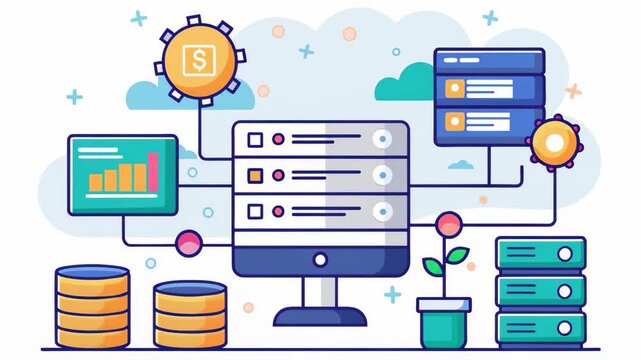 A computer screen filled with a variety of data related to database management system and web hosting, Database management system web hosting, Simple and minimalist flat 2d Animation