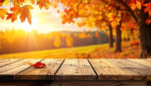 Autumn foliage background with a wooden table foreground