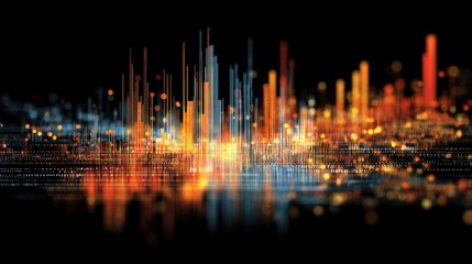 Abstract visualization of data bars and particles with bright light effects.