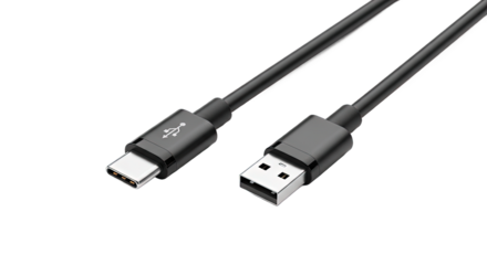 Closeup of a usb typec to usb typea cable, showcasing its modern design and functionality for data transfer and charging electronic devices isolated on transparent background