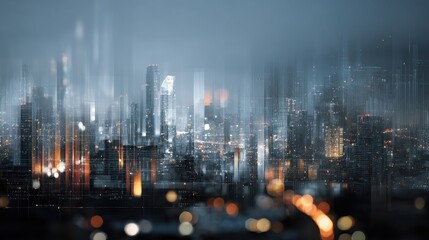 Modern City Skyline with Digital Data Overlays and Futuristic Elements