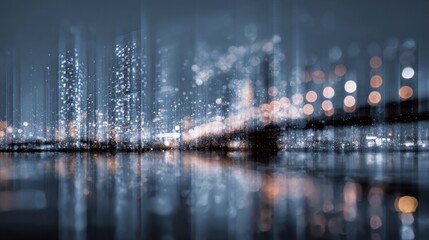Reflected Digital Cityscape with Glowing Data Points and Bokeh Lights