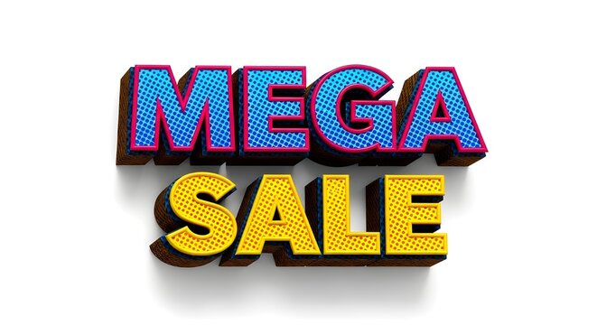Brightly colored 3d mega sale text against a clean white background with subtle shadow - Powered by Adobe