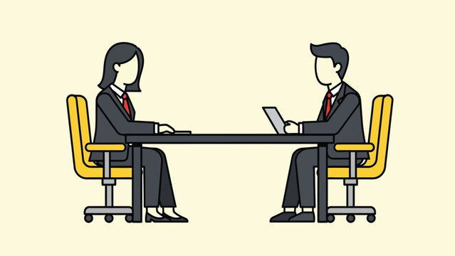 Business Meeting or Job Interview Vector Illustration: Two Professionals Sitting Across Desk in Office