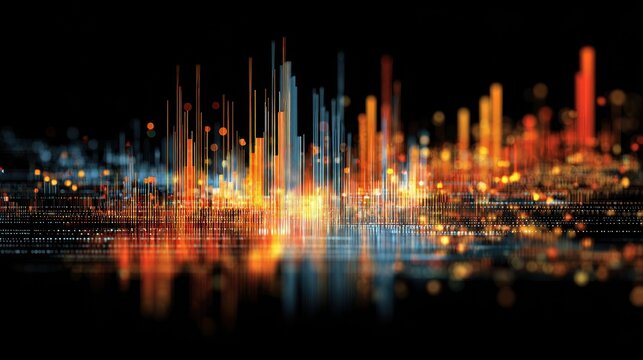 Abstract visualization of data bars and particles with bright light effects.