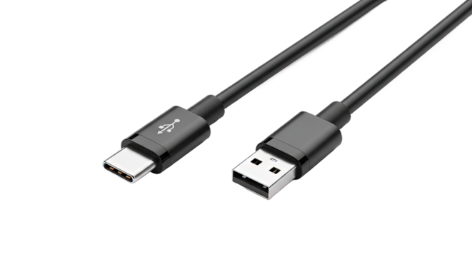 Closeup of a usb typec to usb typea cable, showcasing its modern design and functionality for data transfer and charging electronic devices isolated on transparent background