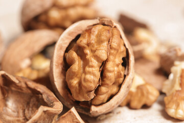 Close up of cracked walnuts	
