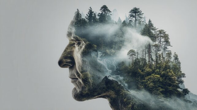 Elderly man's profile with misty forest and waterfall double exposure.