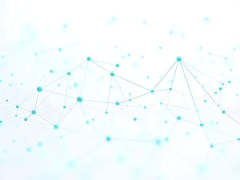 Ultra-detailed white background with abstract network visualization showing glowing cyan dots connected through delicate geometric plexus lines creating data mesh patterns