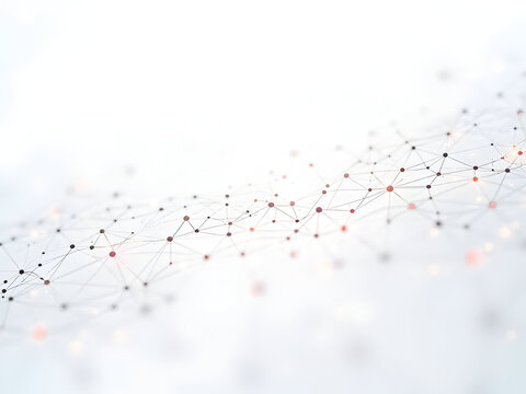 Ultra-realistic abstract technology network with glowing connection dots and flowing data lines on pure white minimalist background with geometric plexus mesh patterns