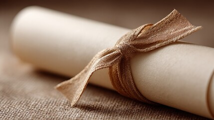 A rolled parchment tied with a textured ribbon, resting on a natural fabric background, symbolizing achievement or important documents.