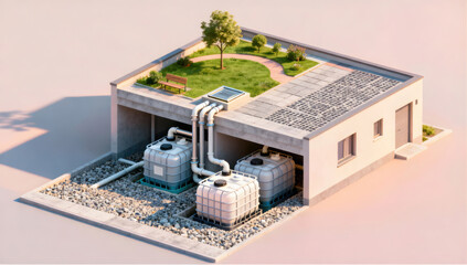 Modern city building features green roof with solar panels and garden, showcasing sustainable design and water management systems